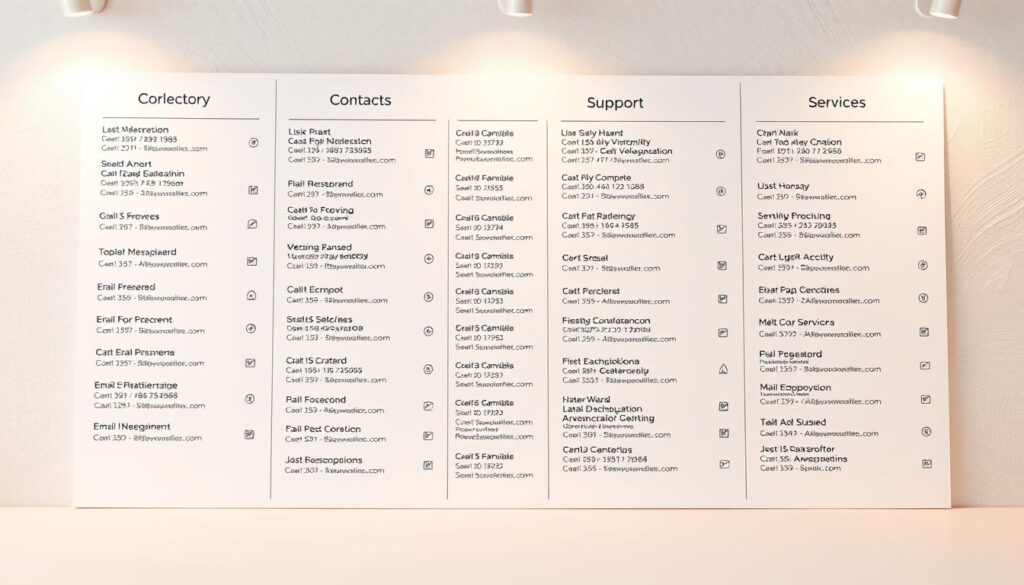 A neatly organized service directory with clean, modern design, featuring a collection of contacts for various customer support services. The foreground showcases an elegant, minimalist layout with clear section headings and contact details, including phone numbers, email addresses, and web links. The middle ground includes subtle icons or graphics to visually distinguish the different support services. The background depicts a soft, neutral color palette with subtle textures, creating a professional and inviting atmosphere. The lighting is warm and balanced, highlighting the crisp typography and layout. The overall composition conveys a sense of reliability, accessibility, and a commitment to providing high-quality customer support.