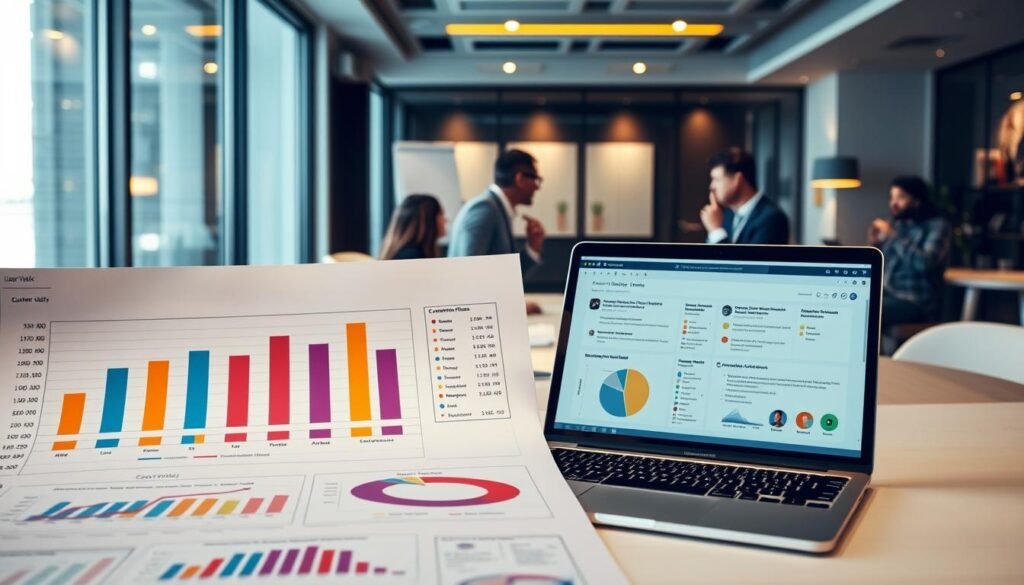 A neatly organized spreadsheet displaying customer feedback data, with a clean, professional appearance. The foreground shows a series of bar graphs and pie charts, capturing insights from user ratings, sentiment analysis, and categorized comments. The middle ground features a laptop displaying customer reviews in a sleek user interface, surrounded by thoughtful analysts examining the data. The background depicts a contemporary office setting, with minimalist decor and warm, indirect lighting that sets a tone of productivity and diligence. The overall scene conveys a sense of thorough, data-driven decision-making to improve customer experience.