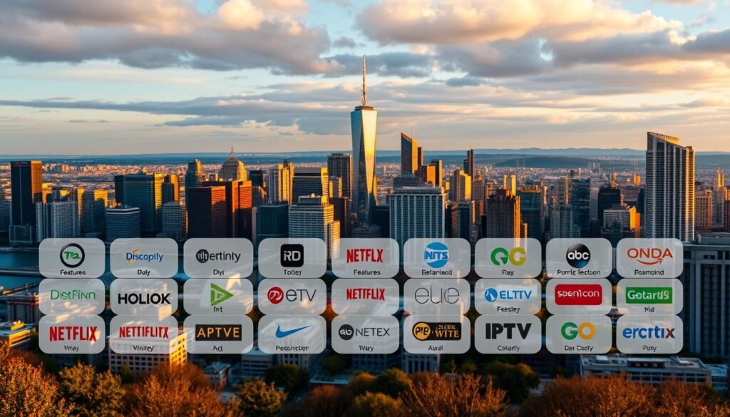 IPTV Montréal: Chaînes Québécoises et Contenu Francophone 3 A panoramic view of a city skyline, with modern high-rise buildings and a vibrant urban landscape in the background. In the foreground, a grid-like arrangement of various IPTV service logos and icons, each showcasing different features, channel lineups, and pricing options. The image is illuminated by warm, golden lighting, creating a inviting and informative atmosphere. The composition is balanced and visually appealing, allowing the viewer to easily compare and contrast the IPTV providers available in the Canadian market.