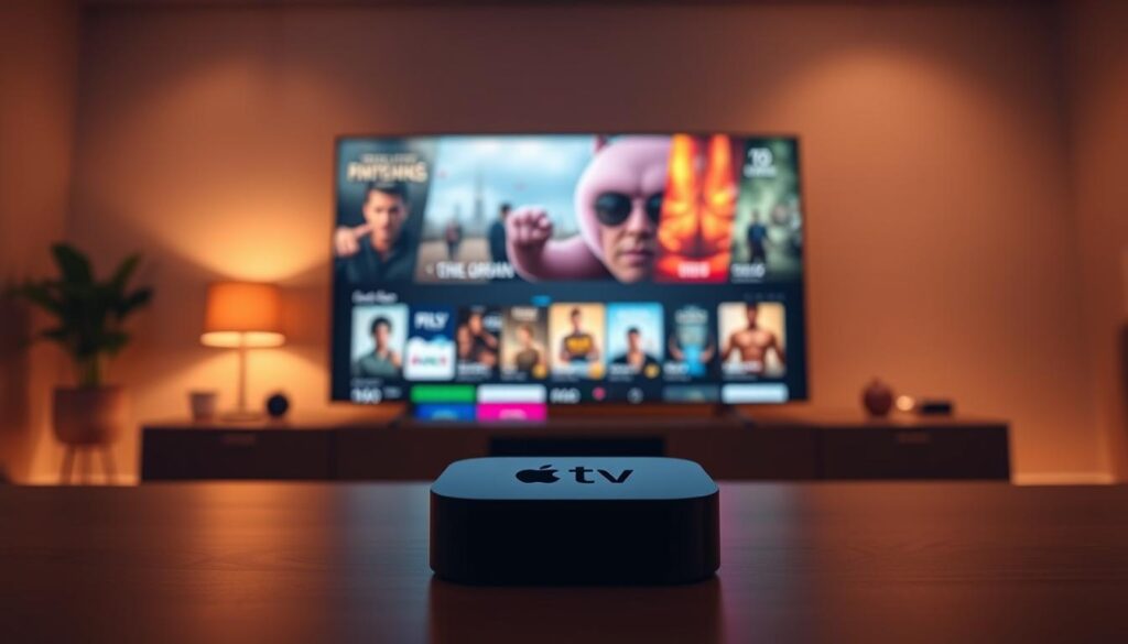 A pristine, high-definition IPTV interface for Apple TV, showcasing a seamless and immersive streaming experience. In the foreground, a sleek Apple TV device stands prominently, its minimalist design and clean lines reflecting the premium quality of the content. The middle ground features a vibrant, hyper-realistic display, showcasing a diverse range of streaming options, from the latest blockbuster films to captivating TV series. The background is bathed in a warm, inviting glow, with subtle lighting that highlights the attention to detail and the overall sense of luxury and sophistication. The entire scene is captured with a shallow depth of field, lending a cinematic quality to the image and emphasizing the premium nature of the streaming experience.