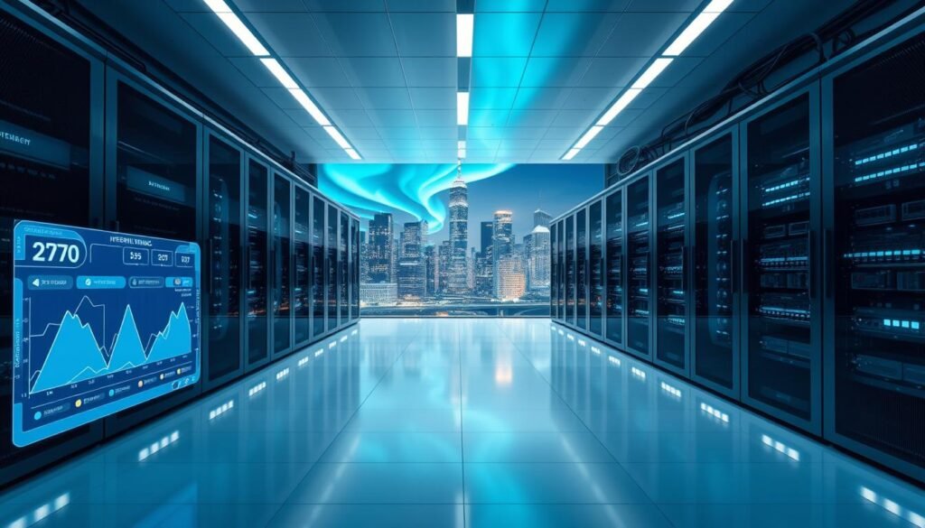 A pristine, well-lit digital server room with rows of sleek, high-performance networking equipment. The foreground features a digital interface displaying real-time data visualizations of internet bandwidth, connection latency, and streaming quality metrics. The middle ground showcases advanced server hardware, cables, and cooling systems in a minimalist, futuristic design. In the background, a stunning cityscape at night with glowing skyscrapers and a vibrant digital aurora fills the sky, symbolizing the global network infrastructure powering seamless, high-speed streaming. The lighting is crisp and focused, casting dramatic shadows that emphasize the technical details. The overall mood is one of efficiency, innovation, and the relentless pursuit of optimal streaming performance.