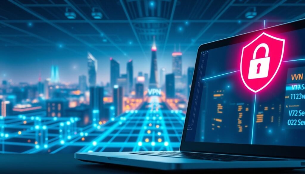 IPTV PPV Events: UFC, Boxing & Special Shows Without Extra Cost 2 A secure VPN connection streams seamlessly through a futuristic digital landscape. In the foreground, a laptop screen displays a secure VPN interface, its padlock icon signifying robust encryption. The middle ground features a network of interconnected servers, their lights pulsing with digital activity. In the background, a cityscape of skyscrapers and data centers stretches out, bathed in a cool, futuristic lighting scheme. The overall atmosphere conveys a sense of privacy, safety, and uninterrupted digital access, essential for enjoying premium IPTV content without interruption.