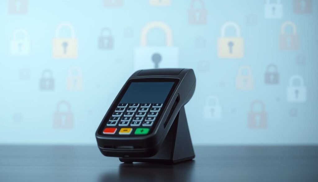 IPTV Payment Methods: Secure & Private Ways to Subscribe 1 A secure payment gateway setup with a clean, minimalist design. In the foreground, a sleek credit card terminal with touchscreen interface. The background features a stylized pattern of interlocking padlocks and shield icons, conveying a sense of digital security. Soft, muted lighting creates a professional, trustworthy atmosphere. A subtle depth of field keeps the payment terminal in sharp focus, while the background elements are slightly blurred. The overall composition suggests a modern, streamlined payment processing solution that prioritizes user privacy and transaction safety.