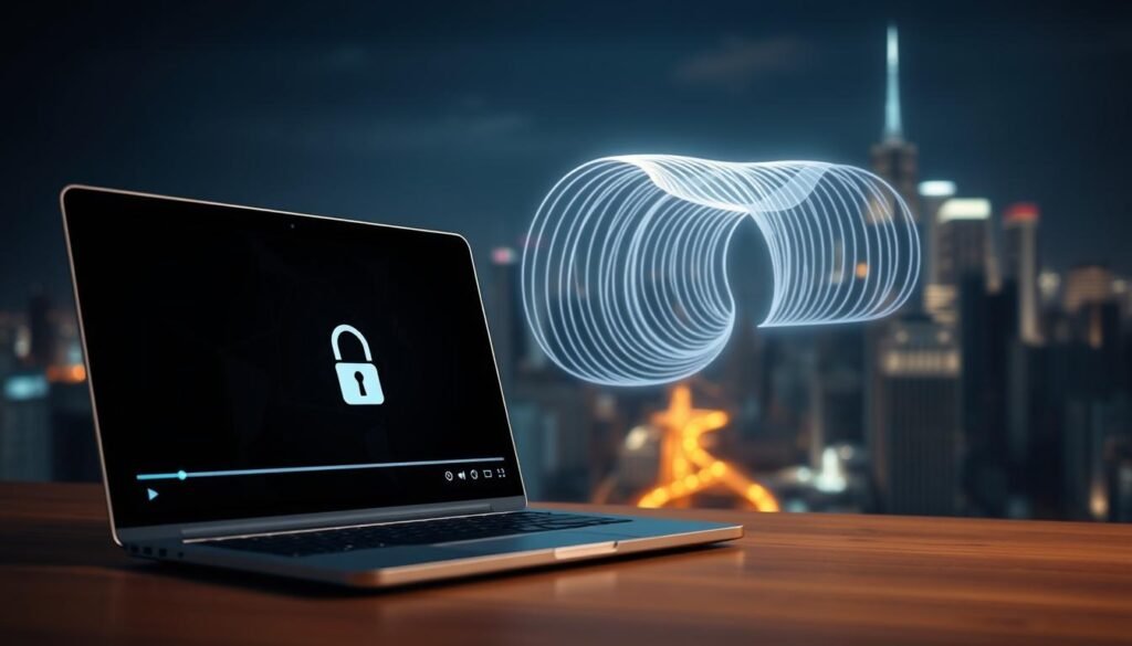 A secure streaming session with a virtual private network (VPN). In the foreground, a laptop screen displays a video player with a lock icon, indicating a secure connection. In the middle ground, a stylized VPN tunnel symbol, composed of flowing data lines, emerges from the laptop. The background depicts a cityscape at night, with skyscrapers and streetlights, conveying a sense of digital privacy and protection. The lighting is soft and atmospheric, with a warm, subtle color palette. The image suggests the importance of using a VPN to safely access premium content, shielding the user's online activity and location.