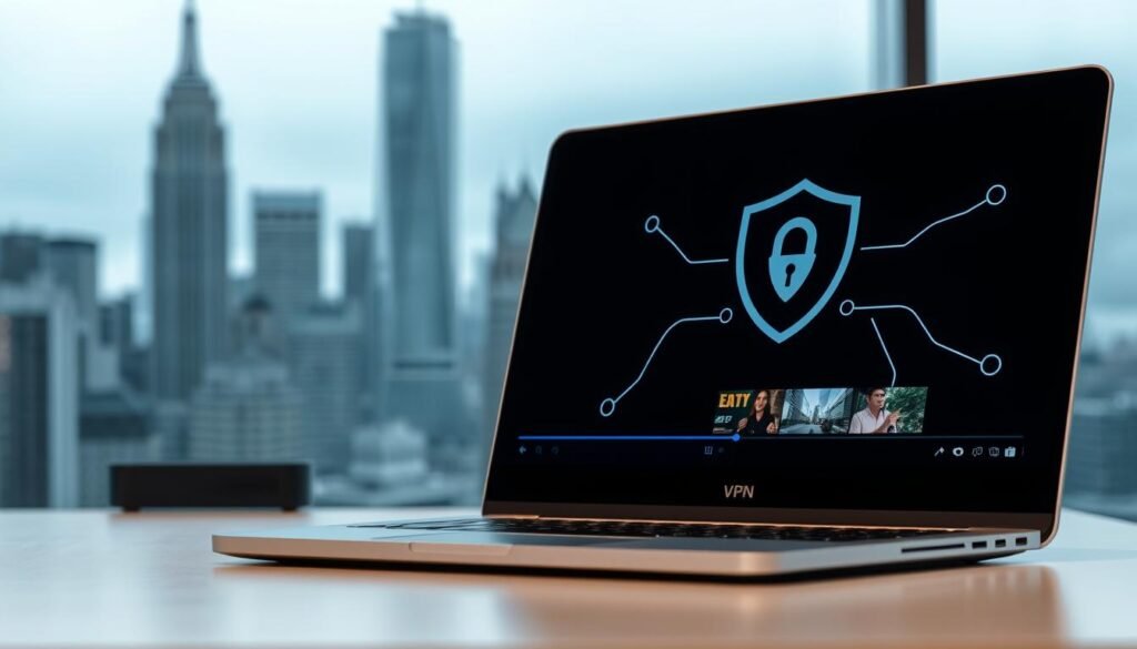 A secure streaming setup with a virtual private network (VPN) integration. In the foreground, a laptop or desktop computer displays a streaming interface, emphasizing the seamless video playback. Behind it, a stylized VPN icon or logo represents the secure connection, with fluid and interlocking data lines emanating from the device. In the background, a minimalist cityscape or abstract geometric patterns creates a sleek, modern atmosphere, suggesting the reliable and discreet nature of the VPN-enabled streaming experience. Lighting is soft and diffused, with cool hues that evoke a sense of digital security and privacy.