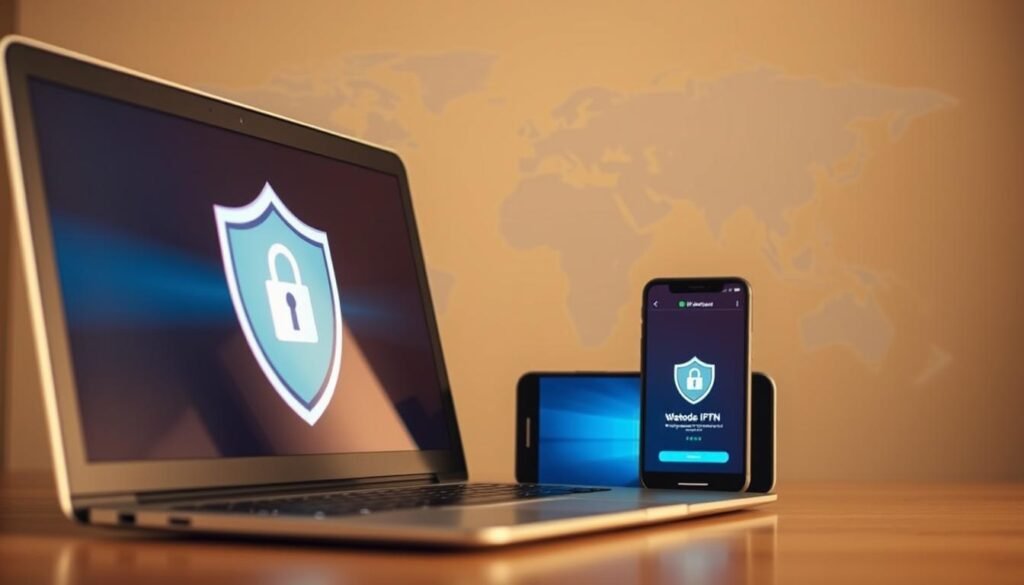 A secure virtual private network (VPN) connection shields IPTV streaming, ensuring privacy and data integrity. In the foreground, a laptop screen displays a VPN app with a secure lock icon, signifying encrypted internet traffic. In the middle ground, a smartphone mirrors the VPN interface, emphasizing cross-device compatibility. The background features a stylized world map, symbolizing the global reach and accessibility of the VPN service. Warm lighting and muted tones create a sense of trustworthiness and reliability, essential for seamless and protected IPTV streaming.