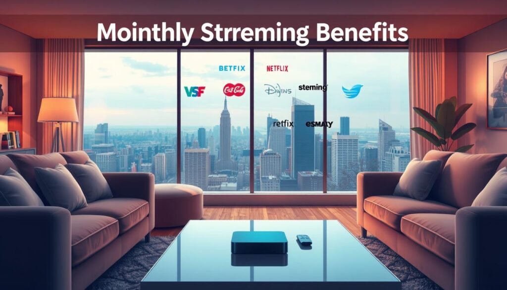 IPTV Gift Card: The Perfect Present for Entertainment Lovers 1 A serene and sophisticated illustration of monthly streaming benefits. In the foreground, a cozy living room with plush furniture and warm lighting sets the scene. On a sleek coffee table, a streaming device and remote control are prominently displayed, symbolizing the convenience of on-demand entertainment. In the middle ground, various streaming service logos float, hinting at the diverse content options available. The background features a panoramic window overlooking a bustling city skyline, conveying the idea of a thriving entertainment landscape. The overall composition exudes a sense of comfort, luxury, and the boundless possibilities of modern entertainment.