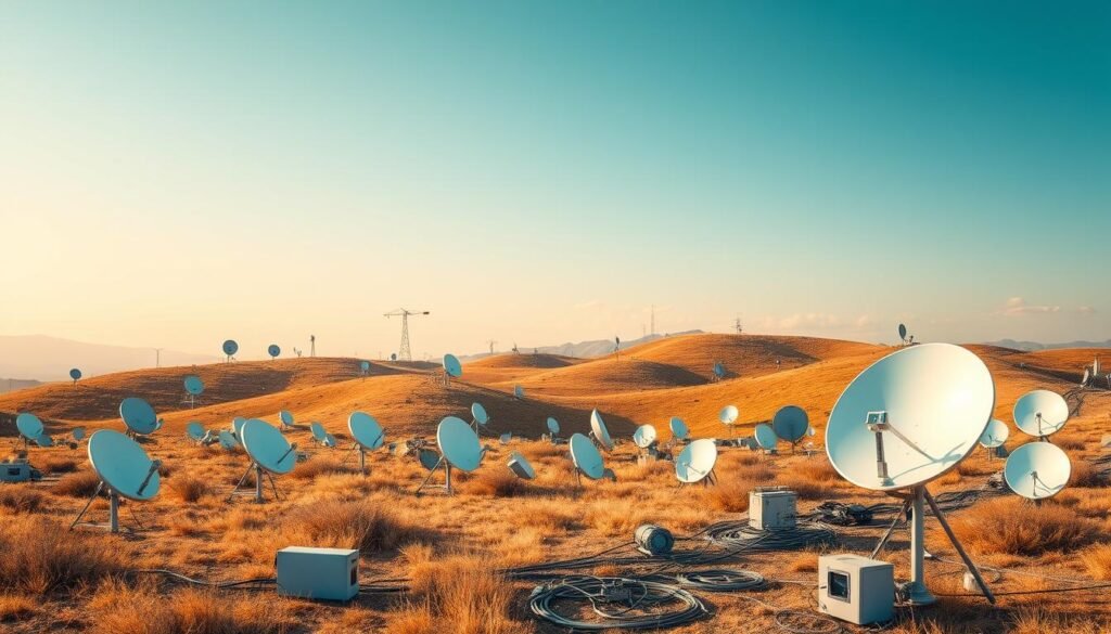 A serene landscape filled with a diverse array of free channel sources prominently displayed in the foreground. High-quality satellite dishes and antennas dot the rolling hills, capturing a wide spectrum of digital broadcasts. The middle ground features a network of underground cables and distribution boxes, hinting at the intricate infrastructure powering these free channels. In the background, a cloudless sky with warm, golden lighting creates a sense of openness and accessibility. The overall composition conveys the idea of a robust, well-connected system of free channel sources readily available to the viewer.