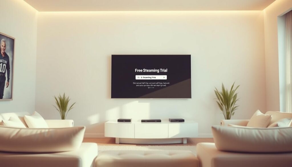 A serene living room setting with a large flat-screen TV taking center stage. Soft, warm lighting illuminates the space, creating a cozy and inviting atmosphere. On the TV screen, a sleek and modern user interface displays the "Free Streaming Trial" offer, enticing the viewer to explore the high-quality content available. The room is adorned with minimalist furniture and decor, accentuating the focus on the television and the streaming experience. The overall scene conveys a sense of relaxation and the promise of unlimited entertainment at the viewer's fingertips.