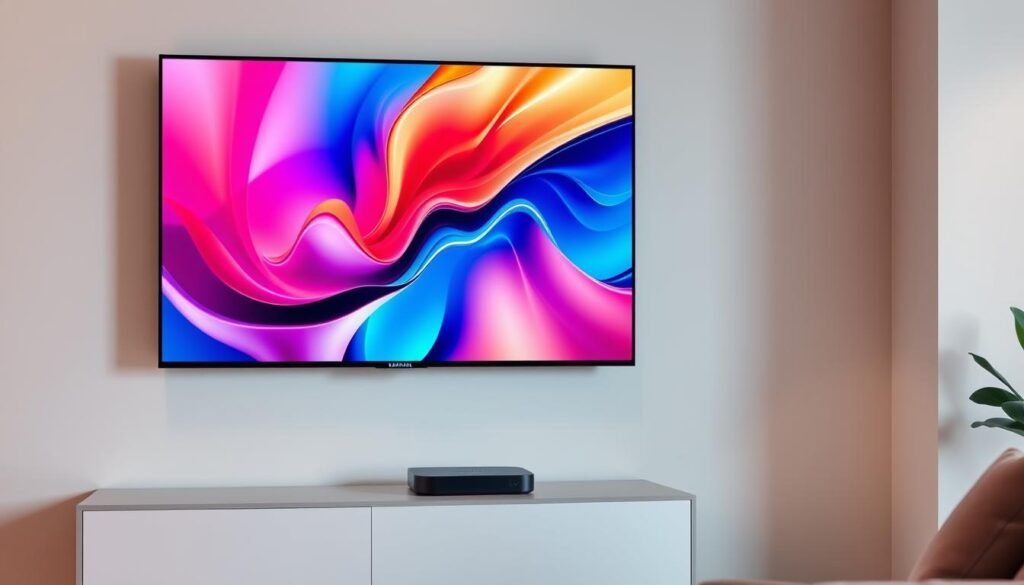A sleek and modern Samsung smart TV setup, with a clean and minimalist design. The TV is mounted on a wall, surrounded by a neutral-toned living room. Soft, ambient lighting illuminates the scene, creating a cozy and inviting atmosphere. The TV screen displays a vibrant, high-definition image, showcasing the vivid and immersive IPTV experience. Beside the TV, a modern media console holds a streaming device, providing seamless access to a vast selection of IPTV channels and content. The overall setup conveys a sense of technological sophistication and effortless connectivity, reflecting the ease of setting up and enjoying IPTV on a Samsung Tizen OS-powered smart TV.