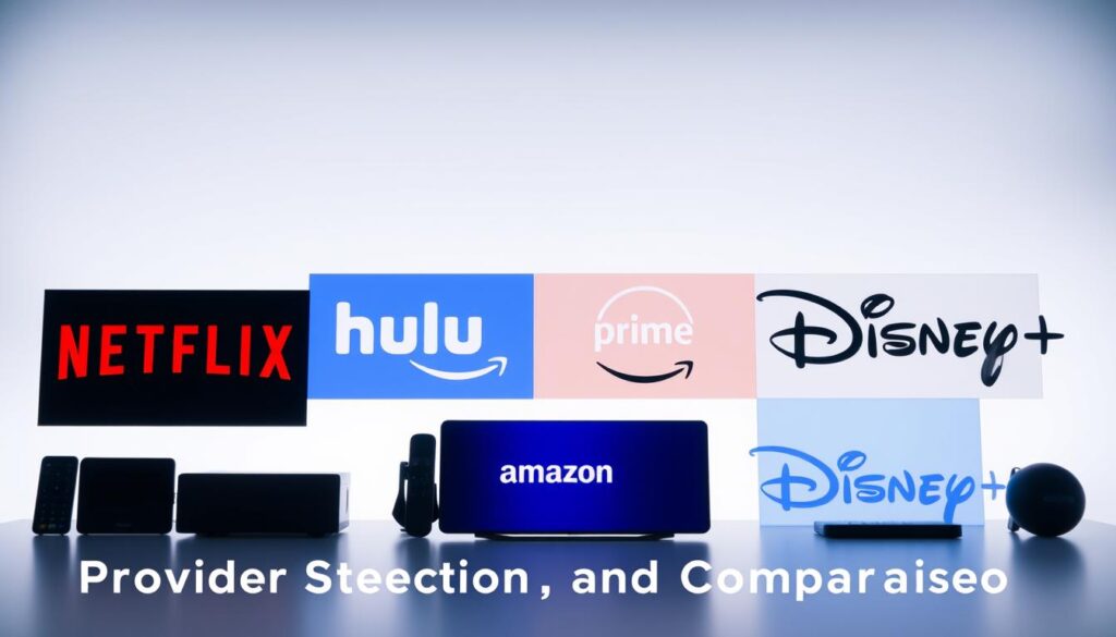 A sleek and modern comparison of popular streaming services, captured in a clean and minimalist composition. The foreground features neatly arranged icons and logos of major platforms like Netflix, Hulu, Amazon Prime, and Disney+, juxtaposed against a subtle background gradient that evokes a sense of technological sophistication. Crisp lighting and camera angles accentuate the streamlined, professional aesthetic, conveying a sense of authority and informed decision-making for the viewer. The overall mood is one of efficiency, clarity, and a comprehensive overview of the streaming landscape, perfectly suited to illustrate the "Provider Selection and Comparison" section of the article. A sleek and modern comparison of popular streaming services, captured in a clean and minimalist composition. The foreground features neatly arranged icons and logos of major platforms like Netflix, Hulu, Amazon Prime, and Disney+, juxtaposed against a subtle background gradient that evokes a sense of technological sophistication. Crisp lighting and camera angles accentuate the streamlined, professional aesthetic, conveying a sense of authority and informed decision-making for the viewer. The overall mood is one of efficiency, clarity, and a comprehensive overview of the streaming landscape, perfectly suited to illustrate the "Provider Selection and Comparison" section of the article.
