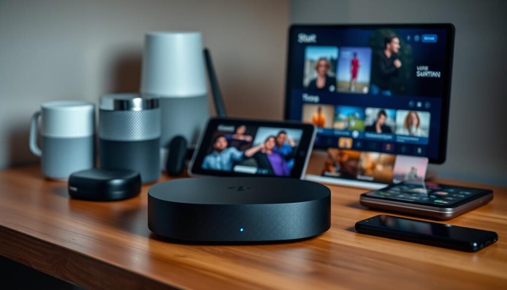 A sleek and modern device-specific streaming setup, showcasing a range of gadgets on a stylish wooden desk. In the foreground, a high-end streaming device with a minimalist design sits atop a matte black base, its LED indicators softly glowing. Behind it, a series of smart home devices - a voice assistant, a smart plug, and a wireless router - are seamlessly integrated, creating a cohesive and streamlined visual aesthetic. The middle ground features a tablet and a smartphone, both displaying vivid streaming content, while the background is filled with a subtle, warm-toned lighting, enhancing the overall ambiance and creating a sense of technological sophistication.