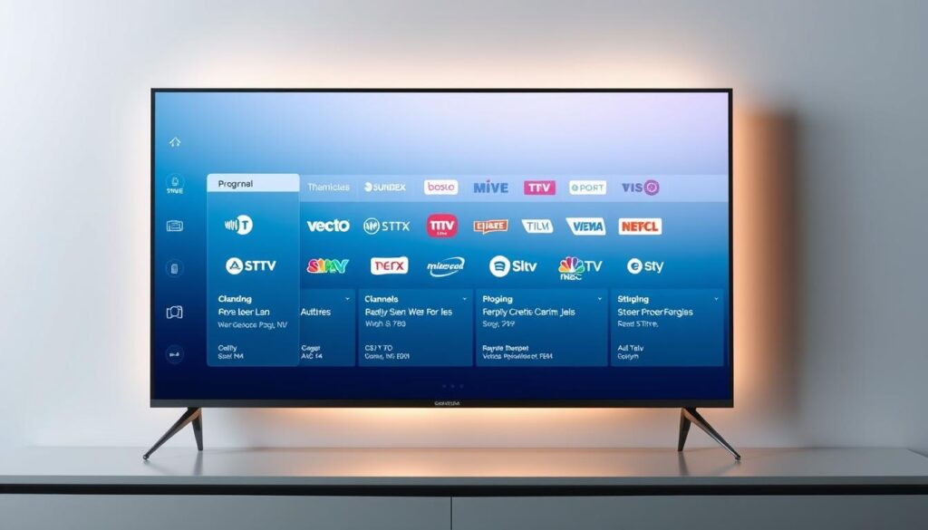 A sleek and modern electronic program guide, displayed on a high-definition television screen. The EPG presents a clean, intuitive interface with channel logos, program titles, and detailed descriptions. The background showcases a subtle gradient, creating a sense of depth and sophistication. Soft lighting illuminates the display, highlighting the crisp, vibrant colors and sharp typography. The overall design conveys a premium, user-friendly experience, seamlessly blending technology and entertainment.