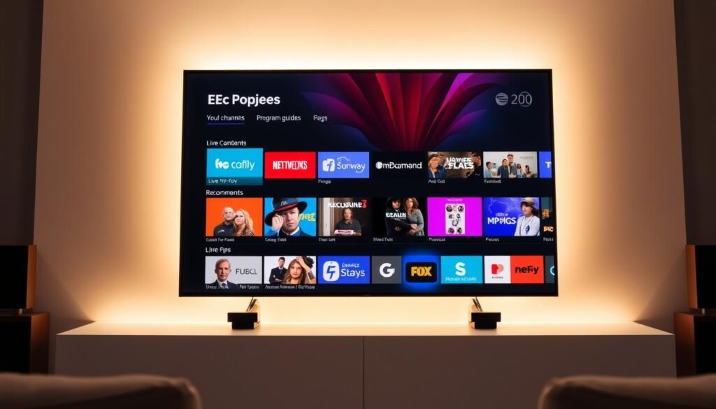 A sleek and modern electronic program guide displayed on a high-resolution, backlit display. The EPG interface features a clean, minimalist design with bold typography and vivid color-coded program tiles. The layout is organized into distinct sections for live TV channels, on-demand content, and recommendations. Soft, diffused lighting creates a warm, inviting atmosphere, drawing the viewer's attention to the vibrant, interactive program guide. The camera angle is slightly elevated, creating a sense of depth and highlighting the seamless integration of technology and user experience.