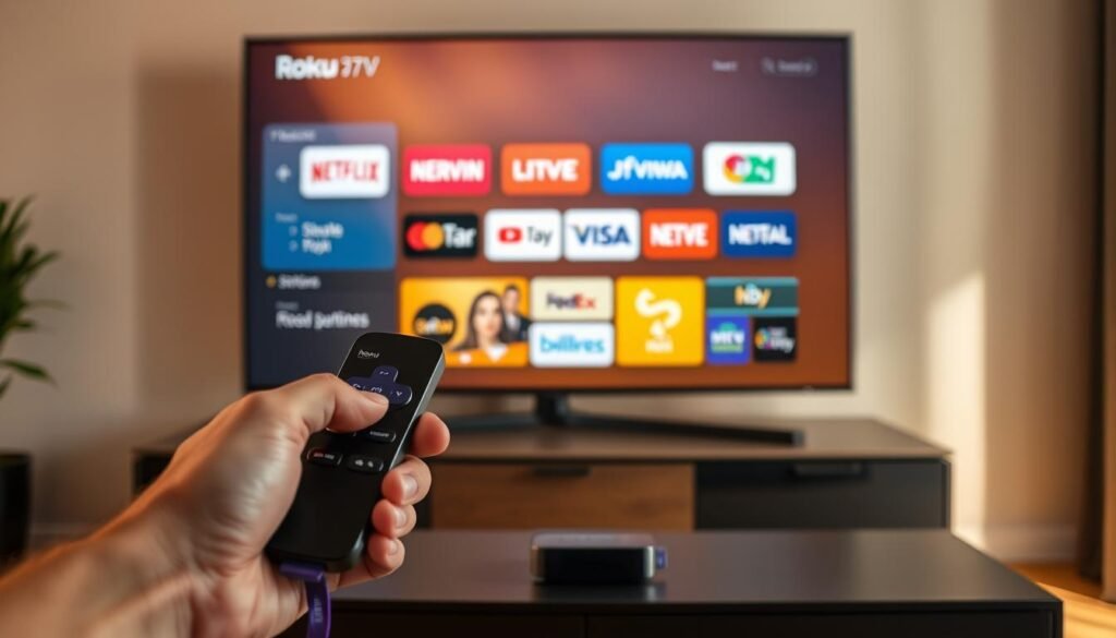 A sleek and modern living room setting, with a Roku device prominently displayed on a media console. In the foreground, a hand holding a remote control, seamlessly integrating the streaming experience. The background features a large, high-definition television screen displaying various streaming service logos, symbolizing the integration of multiple platforms. The lighting is warm and inviting, creating a cozy and immersive atmosphere. The composition conveys the ease and convenience of accessing a wide range of live TV channels through the IPTV on Roku setup.