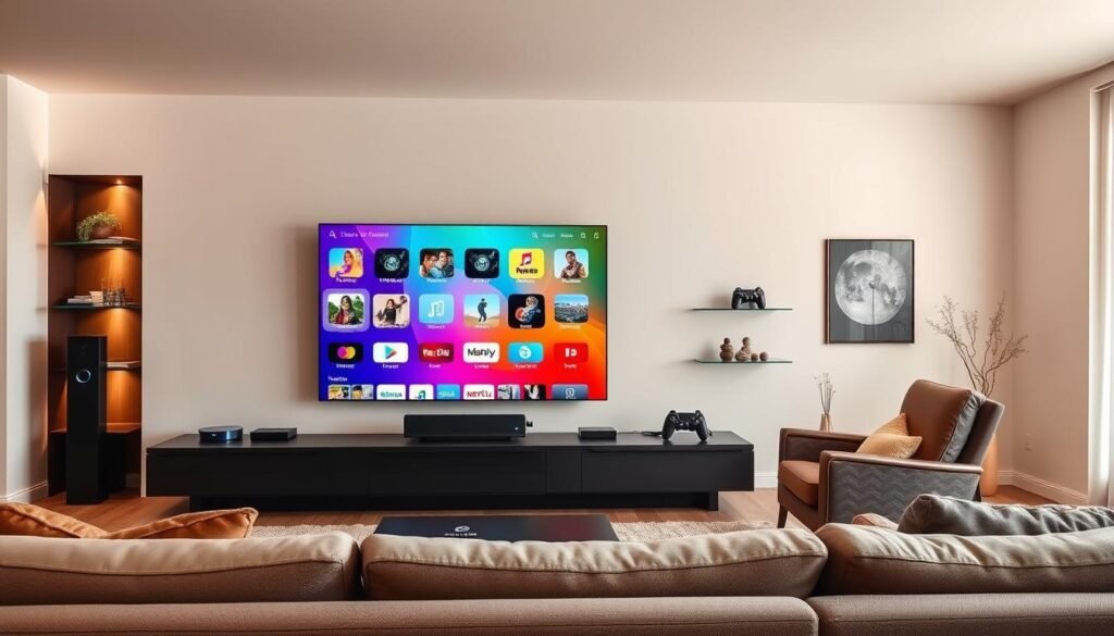 A sleek and modern living room with a large, high-definition television screen prominently displayed. The screen showcases a vibrant, colorful interface highlighting the various features and benefits of a video-on-demand (VOD) streaming service, such as a wide selection of movies, TV shows, and live channels. The room is bathed in warm, soft lighting, creating a cozy and inviting atmosphere for home entertainment. In the foreground, a comfortable sofa and armchair invite viewers to relax and enjoy the immersive viewing experience. The middle ground features various smart home devices and accessories, such as a streaming box or game console, seamlessly integrated into the setup. The background showcases a clean, minimalist design with subtle, elegant decor elements, emphasizing the premium and sophisticated nature of the VOD service.
