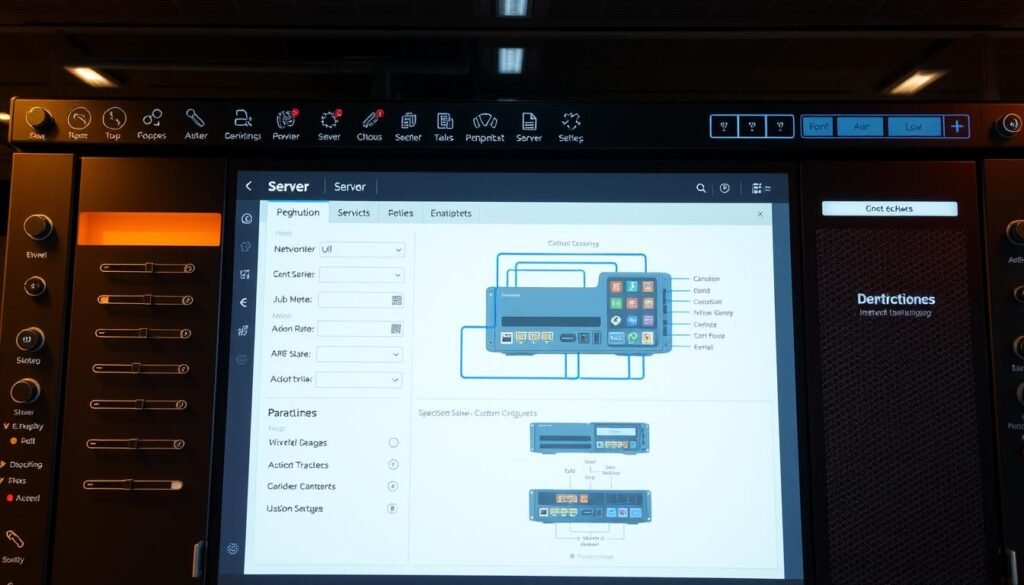 A sleek and modern server configuration interface, showcasing a clean and intuitive dashboard. The foreground displays a series of toggles, sliders, and input fields, allowing precise control over network settings, server resources, and custom configurations. The middle ground features a detailed schematic of the server hardware, with various components highlighted. The background is a soft, gradient-based interface, conveying a sense of technological sophistication. Warm, indirect lighting casts a subtle glow, creating a professional and focused atmosphere. The camera is positioned slightly elevated, providing an ergonomic view of the interface, inviting the user to interact with the system.