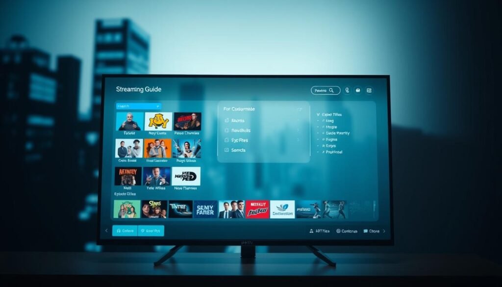 A sleek and modern streaming guide configuration displayed on a high-resolution display, featuring a clean and intuitive user interface. The foreground showcases a grid-based program guide with vivid channel logos, episode titles, and detailed show information. The middle ground highlights customizable filtering and search options, allowing the user to easily navigate the available content. The background displays a subtle, blurred cityscape or technology-inspired pattern, creating a sense of depth and sophistication. Soft, directional lighting illuminates the scene, emphasizing the clarity and responsiveness of the interface. The overall tone is professional, tech-savvy, and visually appealing, reflecting the advanced capabilities of the IPTV EPG setup.