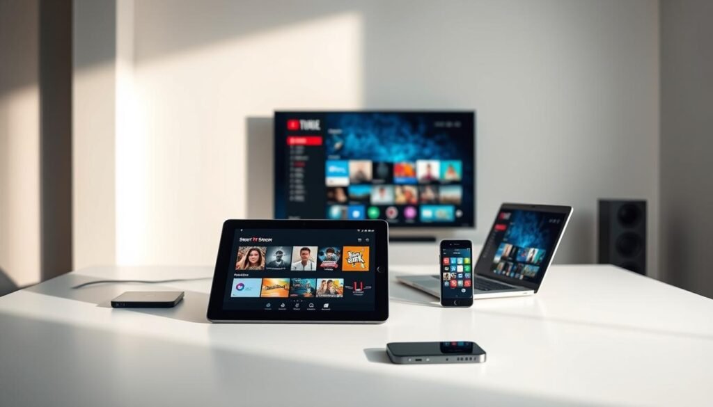 A sleek and modern workspace with an array of interconnected devices optimizing multi-device streaming. In the foreground, a central tablet displays streaming services, surrounded by a laptop, smartphone, and smart TV, all seamlessly synced. Diffused lighting creates a clean, minimalist atmosphere, while the background features a subtle grid-like pattern, symbolizing the complex network that powers this optimized streaming experience. The devices are positioned at dynamic angles, conveying a sense of efficient workflow and unified connectivity. Technical precision blends with a warm, inviting ambiance, showcasing the harmony between technology and user experience.