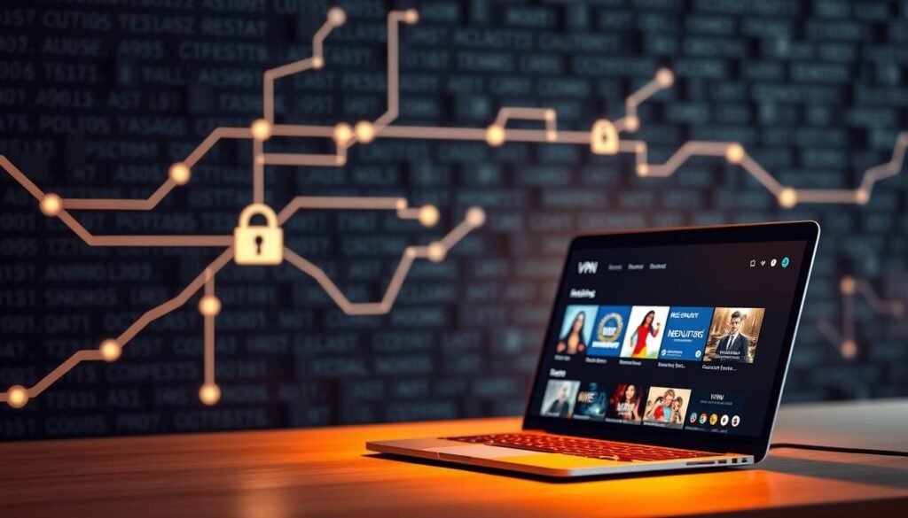 A sleek and secure VPN connection, its encryption protocols visually represented as elegant lines and geometric shapes, casting a soft glow against a dark, encrypted background. In the foreground, a laptop displaying a streaming service, symbolizing the secure access to restricted content. Warm lighting illuminates the scene, creating an atmosphere of privacy and protection. The overall composition conveys the idea of enhanced online security and seamless access to streaming platforms, perfect for illustrating the section on "Enhancing Your Security and Access with VPNs".