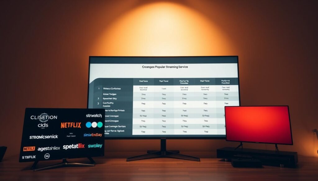 Sports IPTV Package: Watch All Major Leagues & PPV Events 3 A sleek, minimalist comparison of popular streaming services, showcased on high-resolution displays. In the foreground, various service logos are neatly arranged, each with a succinct feature list. The middle ground features side-by-side comparison charts, highlighting the unique offerings and pricing tiers of each provider. The background is a subtle gradient, drawing the eye to the central comparison elements. Warm lighting casts a professional, evaluative tone, while a clean, modern camera angle emphasizes the informative nature of the scene. The overall composition conveys a comprehensive, well-researched approach to evaluating the leading streaming options.
