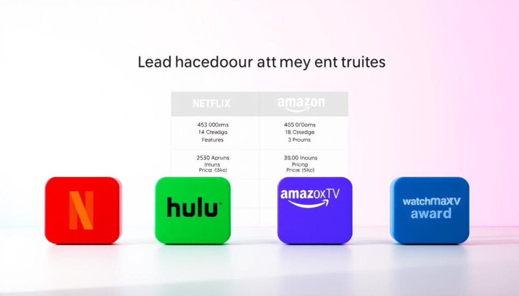 A sleek, modern comparison of leading streaming services, showcasing their distinct features and capabilities. In the foreground, four colorful, minimalist icons representing popular platforms like Netflix, Hulu, Amazon Prime, and WatchMaxTV. The middle ground features a crisp, high-resolution grid displaying key metrics such as content library size, simultaneous streams, and pricing tiers. The background is a clean, gradient-filled environment, bathed in soft, directional lighting that emphasizes the streamlined, sophisticated aesthetic. The overall composition conveys a sense of clarity, professionalism, and the superior value proposition of WatchMaxTV's award-winning streaming platform.