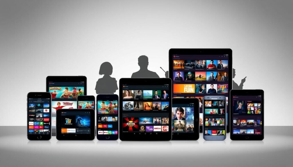 A sleek, modern comparison of multiple IPTV channel libraries displayed on a variety of mobile devices, showcasing their diverse content offerings. The foreground features several smartphones and tablets, each featuring a unique IPTV app interface with colorful channel icons and program thumbnails. The middle ground depicts silhouettes of people using the devices, conveying the ease of mobile IPTV consumption. The background is a minimalist, gradient-based setting, with subtle lighting that creates a sense of depth and professionalism. The overall composition suggests the power and convenience of accessing a vast array of live TV channels on the go, catering to the diverse tastes and preferences of modern IPTV users.