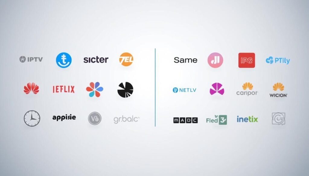 A sleek, modern comparison of popular streaming service logos arranged in a grid-like layout, with each service's distinct visual identity prominently displayed. The image has a clean, minimalist aesthetic, with a soft, diffused lighting that adds depth and dimensionality. The service logos are evenly spaced, creating a sense of balance and symmetry. The background is a subtle, gradient-based color palette that complements the branding of the services, allowing them to stand out without distractions. The overall composition conveys a sense of professionalism and technical expertise, suitable for an article on IPTV setups and service comparisons.