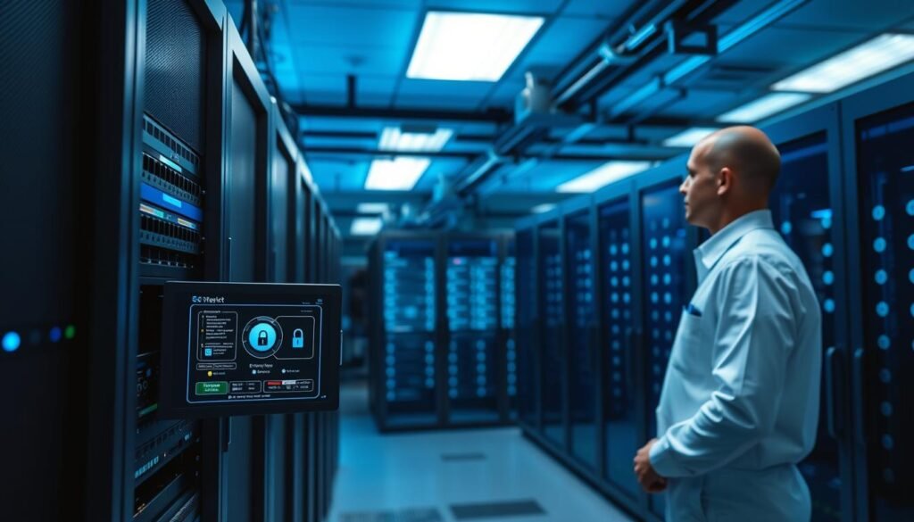 A sleek, modern data center with server racks and security equipment. The interior is bathed in a cool, blue-tinted lighting, creating a sense of technological sophistication. In the foreground, a rack-mounted server displays a graphical user interface, demonstrating secure streaming technology with encryption and access controls. In the middle ground, a network engineer in a crisp, white uniform monitors the system, ensuring optimal performance and security. The background features a panoramic view of the data center, with rows of servers and cooling systems visible through large, tinted windows. The overall atmosphere conveys a sense of cutting-edge, reliable technology safeguarding sensitive digital content.