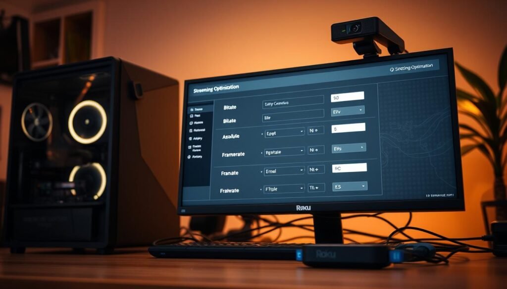 A sleek, modern desktop setup with a high-end gaming PC, dual monitors, and a professional-grade webcam. The scene is bathed in warm, diffused lighting, creating a cozy and productive atmosphere. The computer screen displays various streaming optimization settings, including bitrate, resolution, and framerate controls. Cables are neatly organized, and the overall composition conveys a sense of efficiency and attention to detail. The background blurs gently, keeping the focus on the foreground elements and the task at hand - optimizing the IPTV streaming experience on a Roku device.