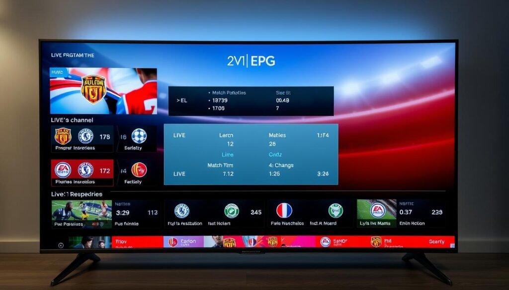 A sleek, modern electronic program guide (EPG) for live sporting events, showcasing a clean and intuitive interface. The foreground features a grid layout displaying various live matches, with team logos, match times, and channel information presented in a visually striking manner. The middle ground includes a semi-transparent overlay with program details, such as match summaries and statistics. The background depicts a subtle, gradient-based color scheme, creating a sense of depth and sophistication. The overall lighting is soft and diffused, lending a professional and premium feel to the scene. The camera angle is positioned slightly above, providing a comprehensive view of the EPG interface, creating an immersive and user-friendly experience.