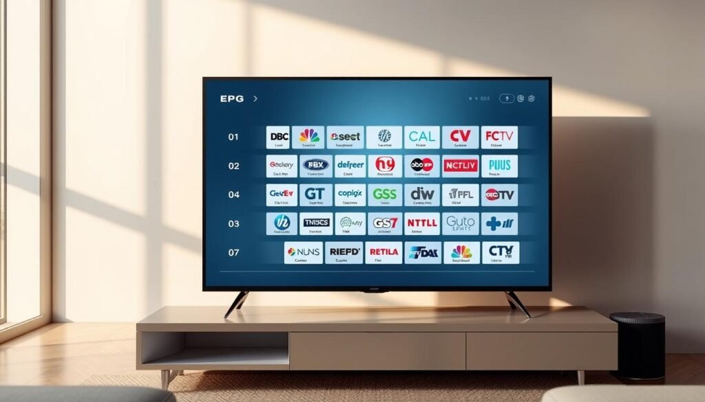 Canadian IPTV: Watch TSN, Sportsnet & All Regional Channels 3 A sleek, modern electronic program guide (EPG) interface, displayed on a large flatscreen TV set against a minimalist, well-lit interior. The EPG features a clean, intuitive grid layout with channel logos, program titles, and concise descriptions. The interface has a sophisticated, high-tech aesthetic with bold typography, subtle gradients, and a muted color palette of blues, grays, and whites. The TV is positioned prominently, casting a warm glow across the room, while offering a clear, detailed view of the dynamic, responsive EPG. The scene conveys a sense of seamless, efficient media consumption tailored for the IPTV user.