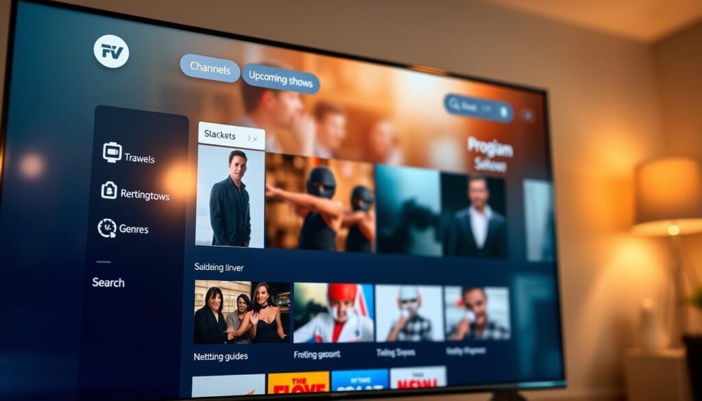 A sleek, modern electronic program guide interface displayed on a high-definition television screen. The foreground features a clean, intuitive layout with crisp icons and clearly labeled sections for channels, upcoming shows, genres, and search functionality. The middle ground showcases a selection of popular program thumbnails with episode descriptions and air times. In the background, a subtle bokeh effect creates a sense of depth, while warm, natural lighting emanates from off-screen sources, bathing the scene in a cozy, inviting atmosphere. The overall impression is one of a powerful, user-friendly tool that seamlessly integrates with the viewer's IPTV experience.