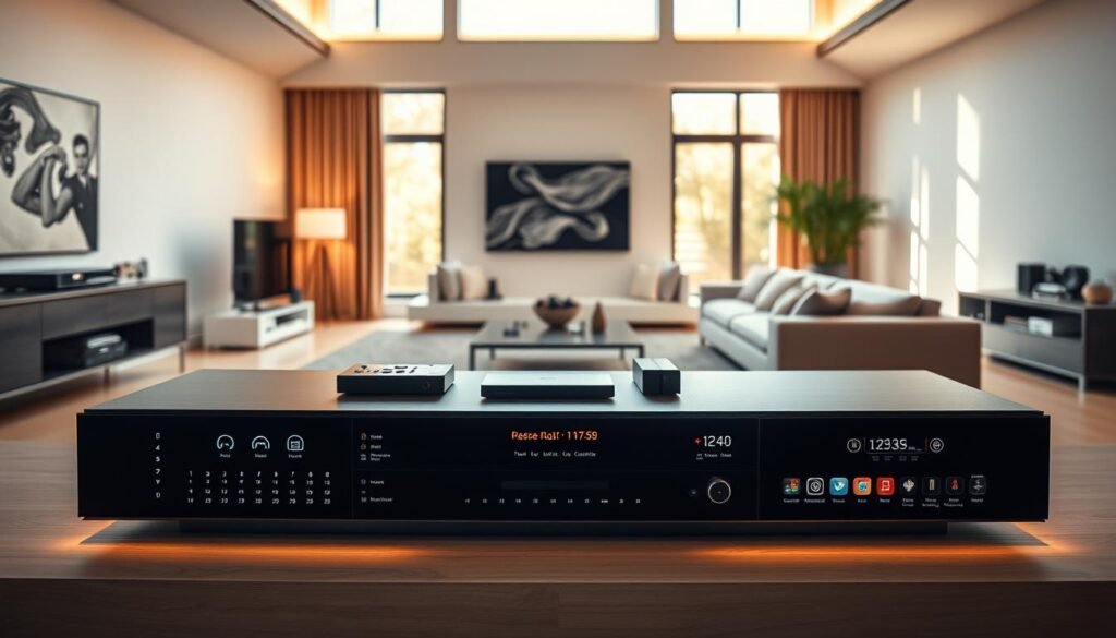 A sleek, modern entertainment console dominates the foreground, offering a range of customization options. Backlit controls and display panels suggest advanced functionality, while the mid-ground showcases various remote controls and media devices. The background features a sophisticated, minimalist living room setup, with floor-to-ceiling windows bathing the scene in warm, natural light. The overall atmosphere conveys a sense of seamless integration, empowering the user to curate their entertainment experience with precision and elegance.