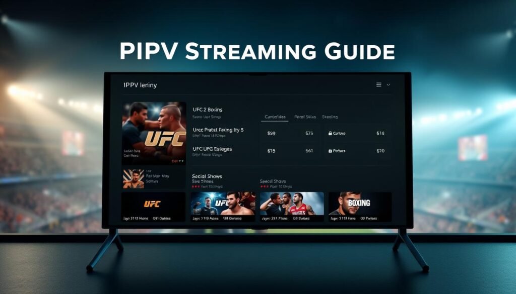 IPTV PPV Events: UFC, Boxing & Special Shows Without Extra Cost 3 A sleek, modern interface for a PPV sports streaming guide, showcasing various live events like UFC, boxing, and special shows. The foreground features an elegant display with clear event listings, schedule, and pricing details. The middle ground has subtle icons and graphics representing different sports and streaming platforms. The background has a cinematic quality, with a soft, atmospheric lighting and a blurred cityscape or sports arena in the distance, conveying a sense of excitement and anticipation for the upcoming events. The overall composition is balanced, with a clean, minimalist aesthetic that is both informative and visually compelling.