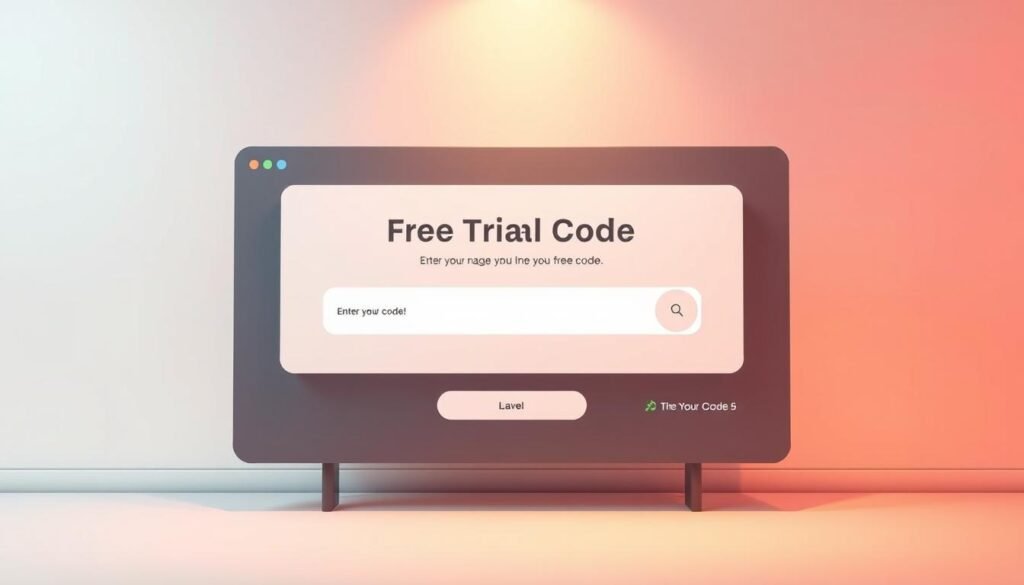 A sleek, modern interface with a prominent "Free Trial Code Entry" section taking center stage. The background features a soft, gradient-based color scheme, complementing the clean UI design. The input field is elegantly framed, inviting the user to enter their code. Discreet icons and subtle animations add a touch of interactivity, guiding the user's attention. Warm, diffused lighting bathes the scene, creating a welcoming ambiance. The overall composition is balanced, with a sense of depth and a focus on the key action element - the code entry field.