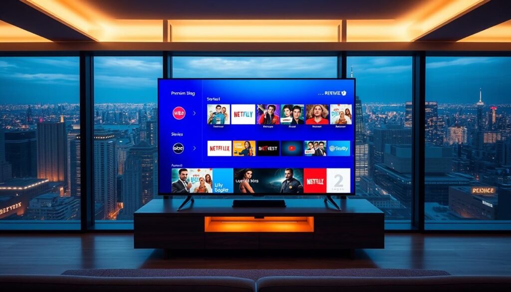 A sleek, modern interior with a large, high-definition television screen taking center stage. The screen displays a vibrant, colorful interface showcasing a variety of premium streaming options and services. In the foreground, a minimalist entertainment center with clean lines and a dark wood finish. Surrounding the television, a sophisticated lighting setup casts a warm, inviting glow across the space. In the background, floor-to-ceiling windows offer a panoramic view of a bustling city skyline, hinting at the global connectivity and limitless content available through the premium streaming platform. The overall mood is one of luxury, convenience, and technological advancement.