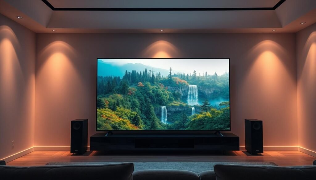 A sleek, modern living room with a large, high-definition television screen prominently displayed. The screen shows a vivid, detailed 4K nature scene, with lush forests, cascading waterfalls, and vibrant wildlife. Ambient lighting casts a warm, inviting glow throughout the space, creating a cozy and immersive viewing experience. The room is minimalist in design, with clean lines and neutral tones, allowing the television's stunning image quality to take center stage. A high-end sound system flanks the television, adding to the cinematic atmosphere. The overall scene conveys a sense of premium, buffer-free streaming quality and high-end home entertainment.