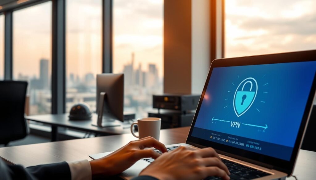 A sleek, modern office environment where a secure VPN connection is being established. In the foreground, a person's hand operates a laptop, the screen displaying a VPN icon and encryption symbols. The middle ground features a desk with a desktop computer, networking equipment, and a cup of coffee, all illuminated by warm, directional lighting. The background showcases a panoramic view of a city skyline through large windows, emphasizing the importance of privacy and protection in the digital age. The overall mood is one of professionalism, technology, and the seamless integration of security measures.
