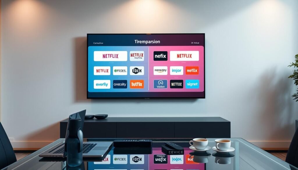 A sleek, modern office setting with a large flat-screen display mounted on the wall. The screen showcases various streaming service logos and interface elements, allowing for a side-by-side comparison. In the foreground, a glass table holds a laptop, remote controls, and a cup of coffee, creating a professional, business-focused atmosphere. Soft, directional lighting casts subtle shadows, highlighting the clean, minimalist design. The background features a subtle gradient or texture, keeping the focus on the central comparison display. The overall scene conveys a sense of informed decision-making and technological expertise.