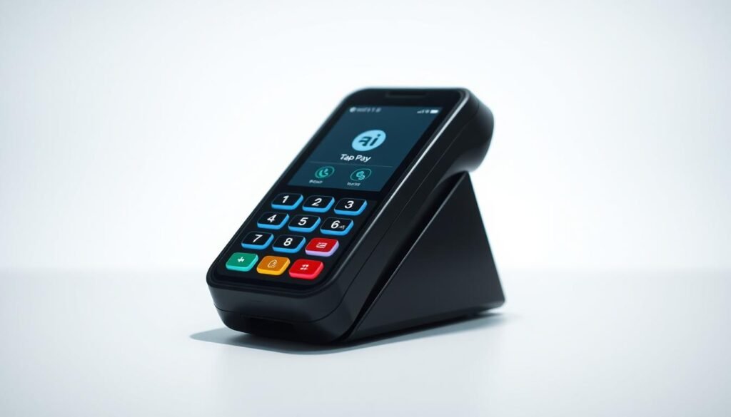 A sleek, modern payment terminal set against a clean, minimalist background. The terminal features contactless payment options, including tap-to-pay and mobile wallet icons, positioned prominently. The lighting is soft and diffused, creating a sense of security and trust. The angles are slightly elevated, giving the viewer a sense of reliability and professionalism. The overall atmosphere conveys a seamless, efficient, and trustworthy payment experience, suitable for a high-quality IPTV service.