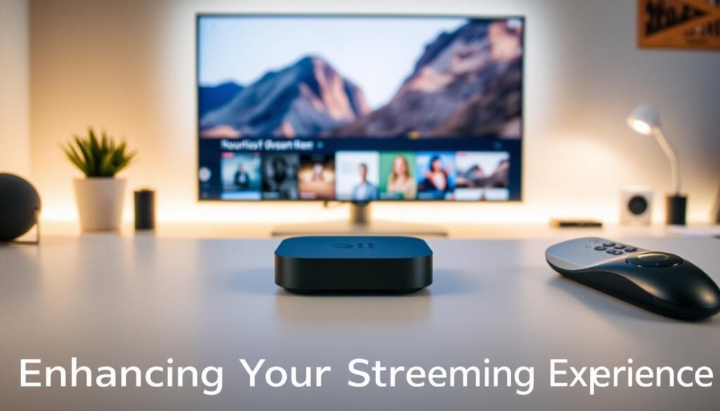 A sleek, modern streaming device sits prominently on a minimalist desk, surrounded by a clean, well-lit workspace. Soft, diffused lighting casts a warm glow, creating a serene and focused atmosphere. The device's elegant design features smooth lines and a matte finish, conveying a sense of sophistication and technological refinement. In the background, a large, high-resolution display showcases crisp, vibrant images, hinting at the device's optimization for a truly immersive streaming experience. The entire scene embodies the idea of effortless, elevated home entertainment, perfectly aligning with the theme of "Enhancing Your Streaming Experience."