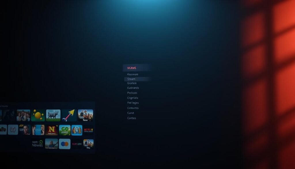A sleek, modern streaming features interface, bathed in a soft, ambient glow. In the foreground, a grid of colorful app icons and thumbnails hover against a minimalist, dark gray background. The middle ground showcases a clean, intuitive menu system with neatly organized categories and controls. In the background, a subtle, abstract pattern of light and shadow adds depth and visual interest. The overall atmosphere is one of sophisticated, high-tech functionality, inviting the user to effortlessly navigate a world of streaming content.