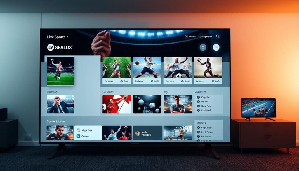 Sports IPTV Package: Watch All Major Leagues & PPV Events 2 A sleek, modern user interface with a clean and intuitive layout. The foreground features a large, high-definition display showcasing a well-organized electronic program guide (EPG) with clear categorization of live sports content. The middle ground includes minimalist control panels and customizable widgets, allowing seamless navigation and personalization. The background has a soft, warm lighting that creates a pleasant, immersive viewing experience. The overall aesthetic conveys a sense of sophistication and attention to user experience, perfectly suited for an IPTV sports package.