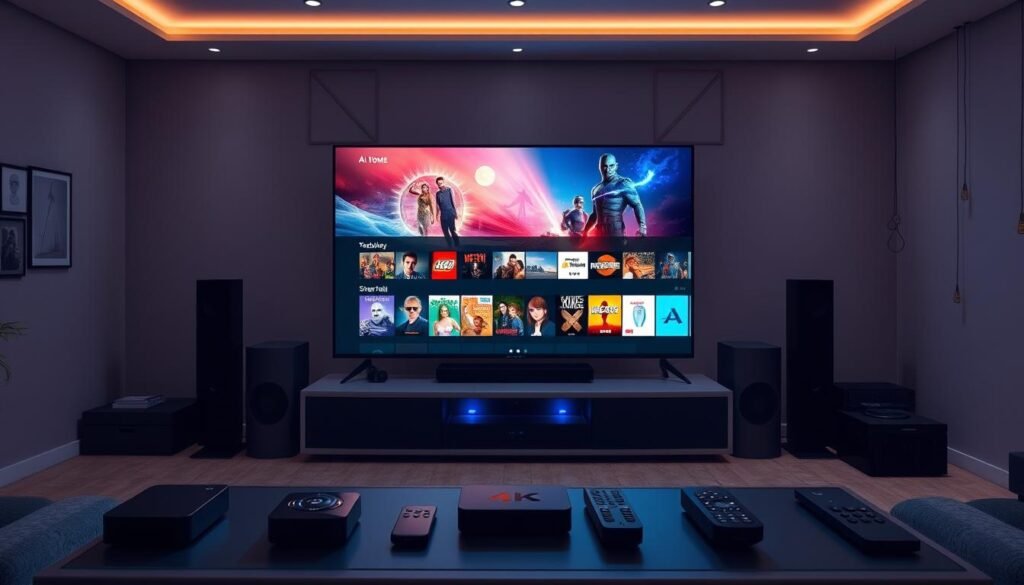 A spacious living room with a large 4K TV at the center, displaying a vibrant on-demand media library. Surrounding the TV are several streaming devices, each with distinct channel interfaces. Soft ambient lighting creates a cozy, theater-like atmosphere. In the foreground, a modern media console houses various input devices and remotes, while the background showcases a minimalist wall decor with subtle geometric patterns. The overall scene conveys a sense of entertainment, connectivity, and high-quality visual experiences.