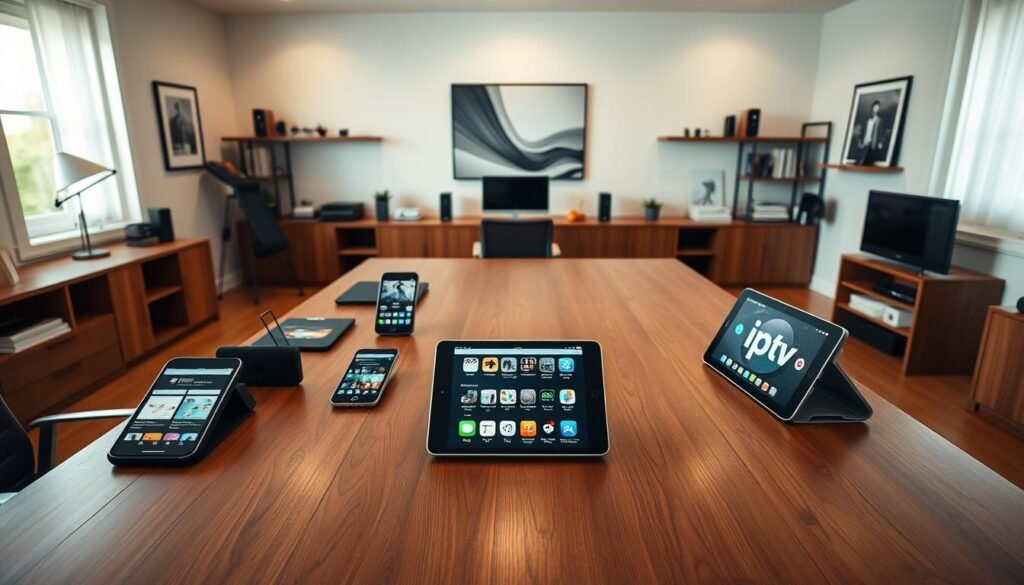 A spacious, modern home office with a large wooden desk. On the desk, several smartphones and tablets are displayed, each showcasing different IPTV app interfaces. The room is bathed in warm, diffused lighting, creating a professional yet inviting atmosphere. The walls feature minimalist artwork and shelves with tech-related books and accessories, hinting at the owner's interests. The overall scene conveys a sense of thoughtful curation and deliberation, as the viewer is invited to imagine the decision-making process of selecting the best IPTV apps for mobile devices.