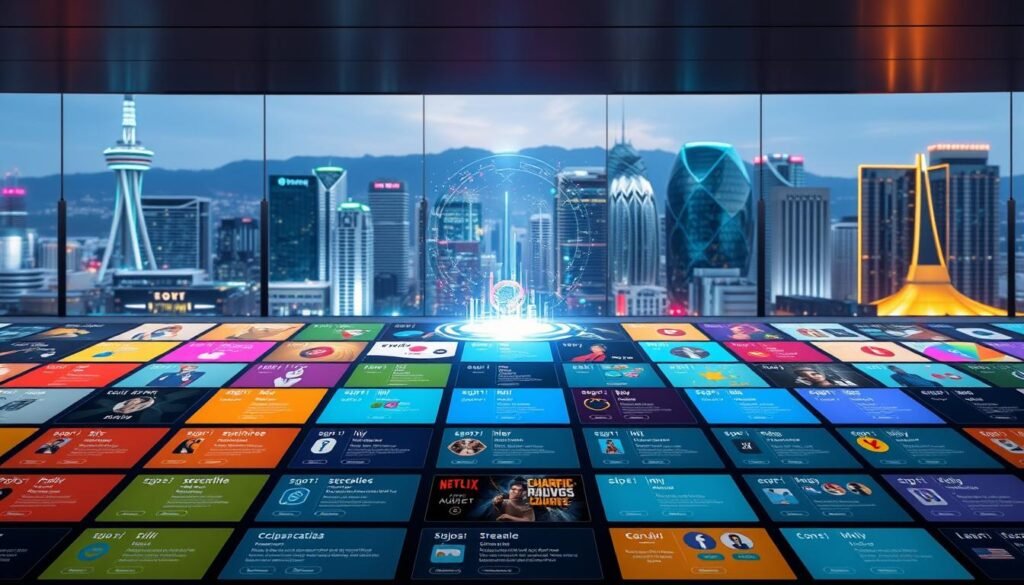 A sprawling array of streaming packages and pricing options unfolds against a sleek, modern backdrop. In the foreground, a grid of colorful tiles showcases a variety of tiered subscription plans, each adorned with eye-catching icons and descriptive labels. The middle ground features a subtly pulsing holographic display, its dynamic visualizations alluding to the seamless connectivity and flexibility of the streaming services. In the background, a cityscape of gleaming towers and neon-accented skyscrapers sets the stage, evoking the bustling urban landscape of Vancouver, British Columbia. The lighting is crisp and vibrant, casting a sense of energy and sophistication onto the scene. This image conveys the exclusive, high-quality streaming content and tailored pricing that the article's readers can expect to discover.