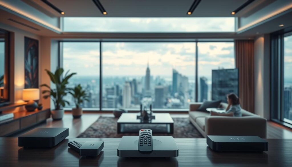 A stunning high-definition cinematic scene showcasing the premium IPTV experience. In the foreground, a sleek and modern entertainment system with a large 4K display, surrounded by advanced streaming devices and remote controls. The middle ground features a cozy living room with plush furniture, subtle ambient lighting, and a lush indoor plant for a touch of natural elegance. In the background, a panoramic window reveals a breathtaking cityscape, hinting at the global connectivity and vast content library available through the premium IPTV service. The overall atmosphere exudes a sense of luxury, comfort, and technological sophistication, inviting the viewer to immerse themselves in the captivating world of premium IPTV.