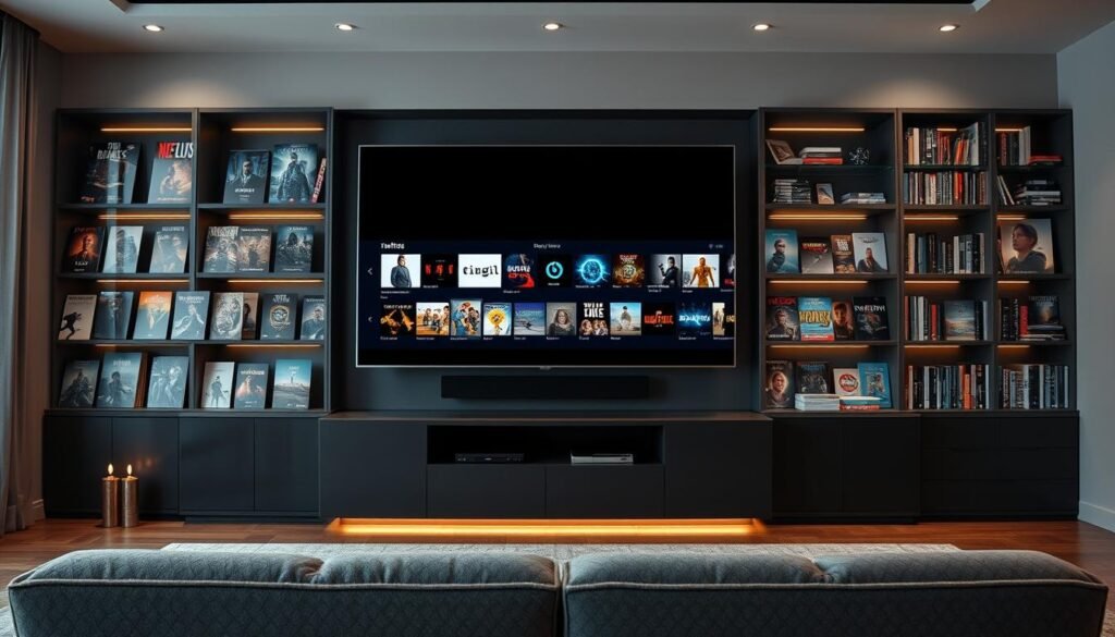 A vast entertainment library on multiple streaming services, meticulously organized and easily accessible. In the foreground, an elegant media cabinet displays a curated selection of movie posters and TV show covers, each promising a captivating viewing experience. Muted lighting casts a warm, inviting glow, while a large, high-definition screen dominates the middle ground, ready to bring the content to life. In the background, sleek, modern shelving units house a seemingly endless array of digital entertainment, from the latest blockbusters to classic films and binge-worthy series. The overall atmosphere exudes a sense of sophistication and endless possibilities for entertainment.