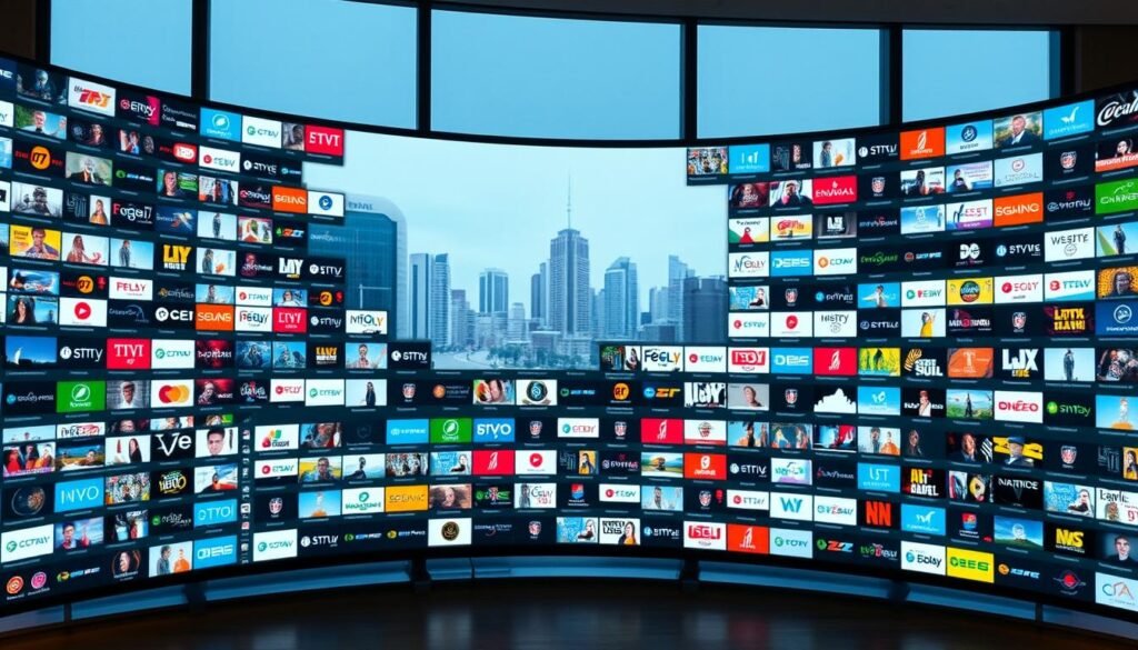 A vast, sprawling channel library stretches across the screen, its menu icons and thumbnails illuminated by a soft, ambient glow. The layout is clean and intuitive, with a sleek, modern design that emphasizes the breadth of content available. The channels are organized into distinct categories, allowing the viewer to effortlessly navigate the extensive selection. In the background, a subtle, blurred cityscape visible through a large window, suggesting the integration of local and global content. The lighting is balanced, creating a sense of depth and highlighting the vibrant, high-definition imagery of the channels. The overall atmosphere is one of sophistication and innovation, reflecting the cutting-edge technology and user-centric approach of the IPVOS platform.